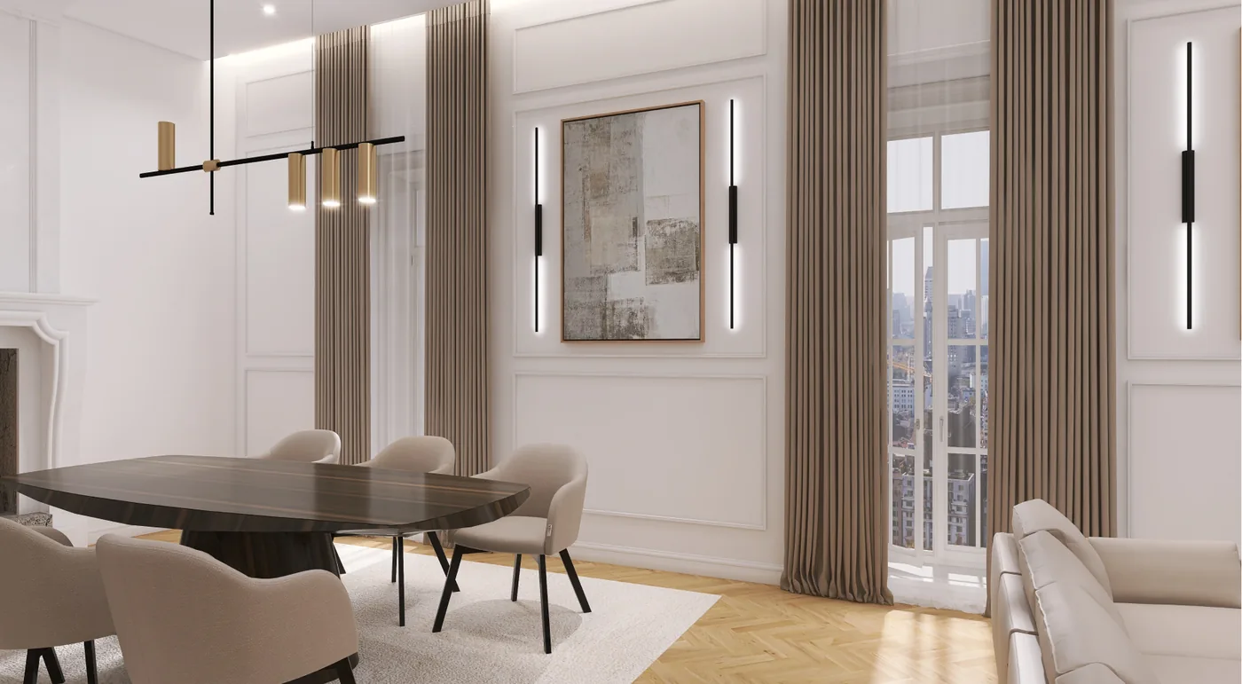 Sala de jantar com molduras de parede, lareira original, suspensão linear e barras de luz verticais