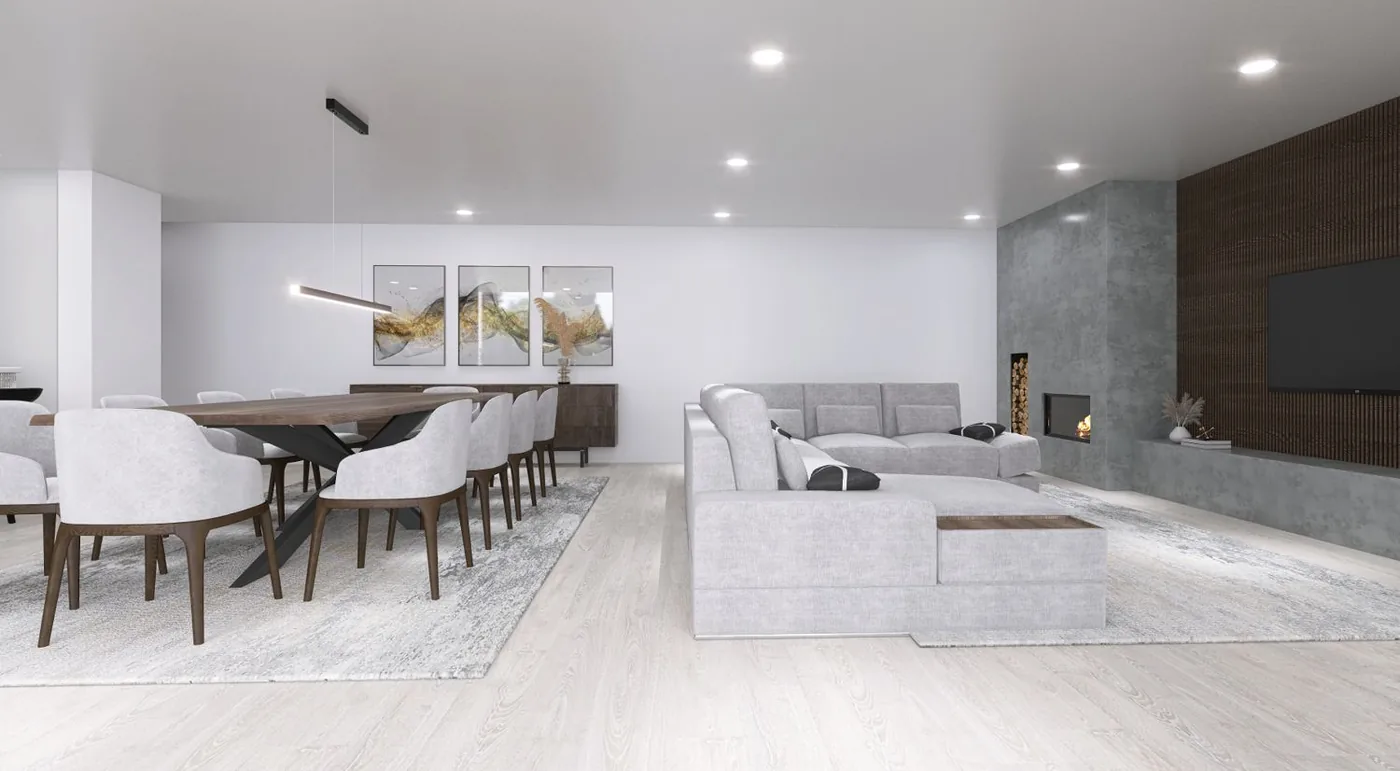 Sala de estar e jantar em espaço contínuo, com lareira em volume de betão e painel ripado