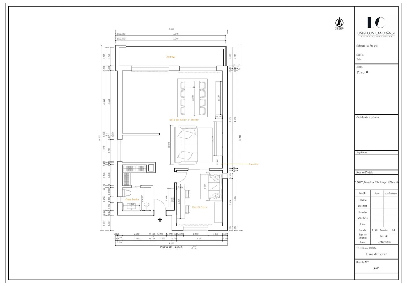 Planta de layout do piso 0, cotada, com legenda e selo de projeto