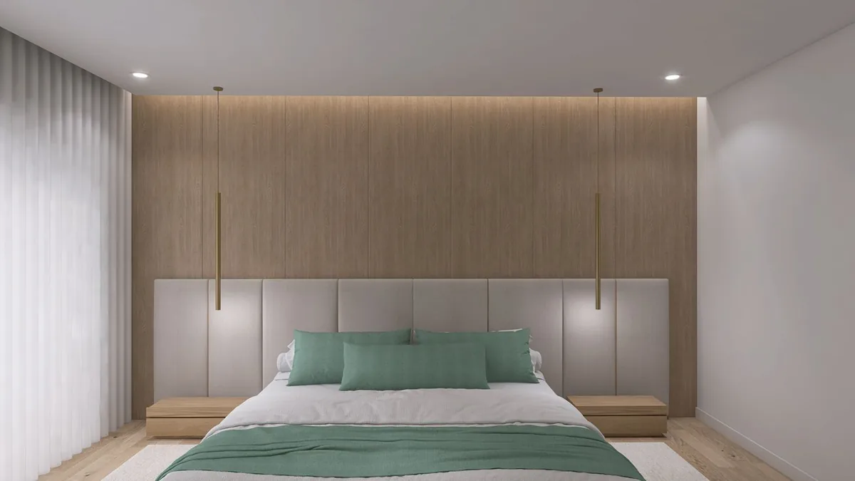 Segunda vista do quarto principal, com roupeiros embutidos à face da parede